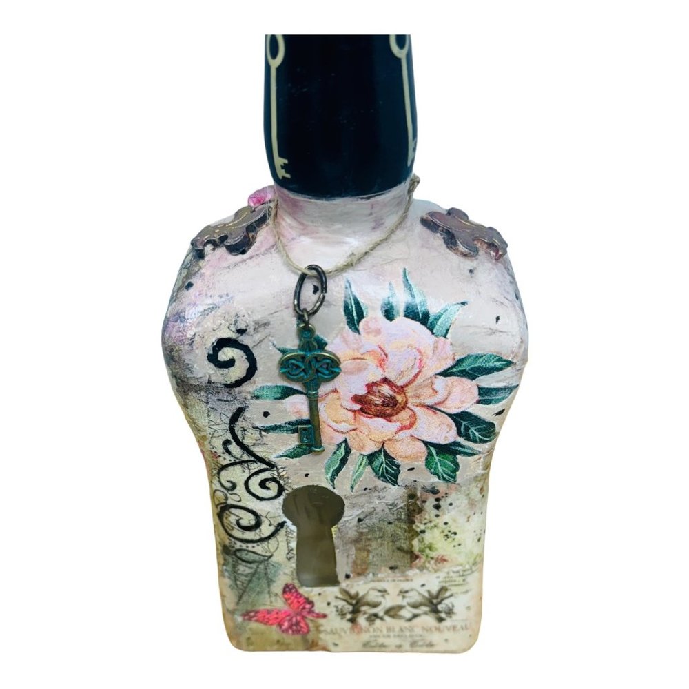 Up cycled Decanter Bottle Mixed Media Peep Keyhole Clay Hand Painted Butterfly - Picture 13 of 16
